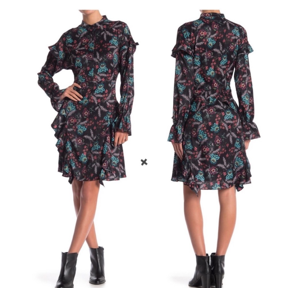 Walter Baker Fiona Mock Neck Floral Ruffle Dress Sz 8